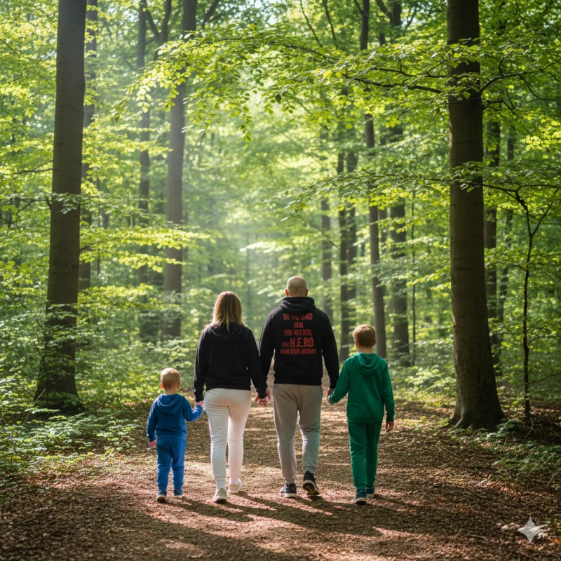 Perhe kävelee yhdessä metsäpolulla — isä, äiti ja kaksi lasta käsi kädessä